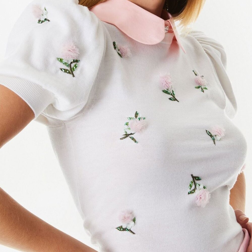 NWT Alice & Olivia Chase Puff Sleeve Flower Sweater